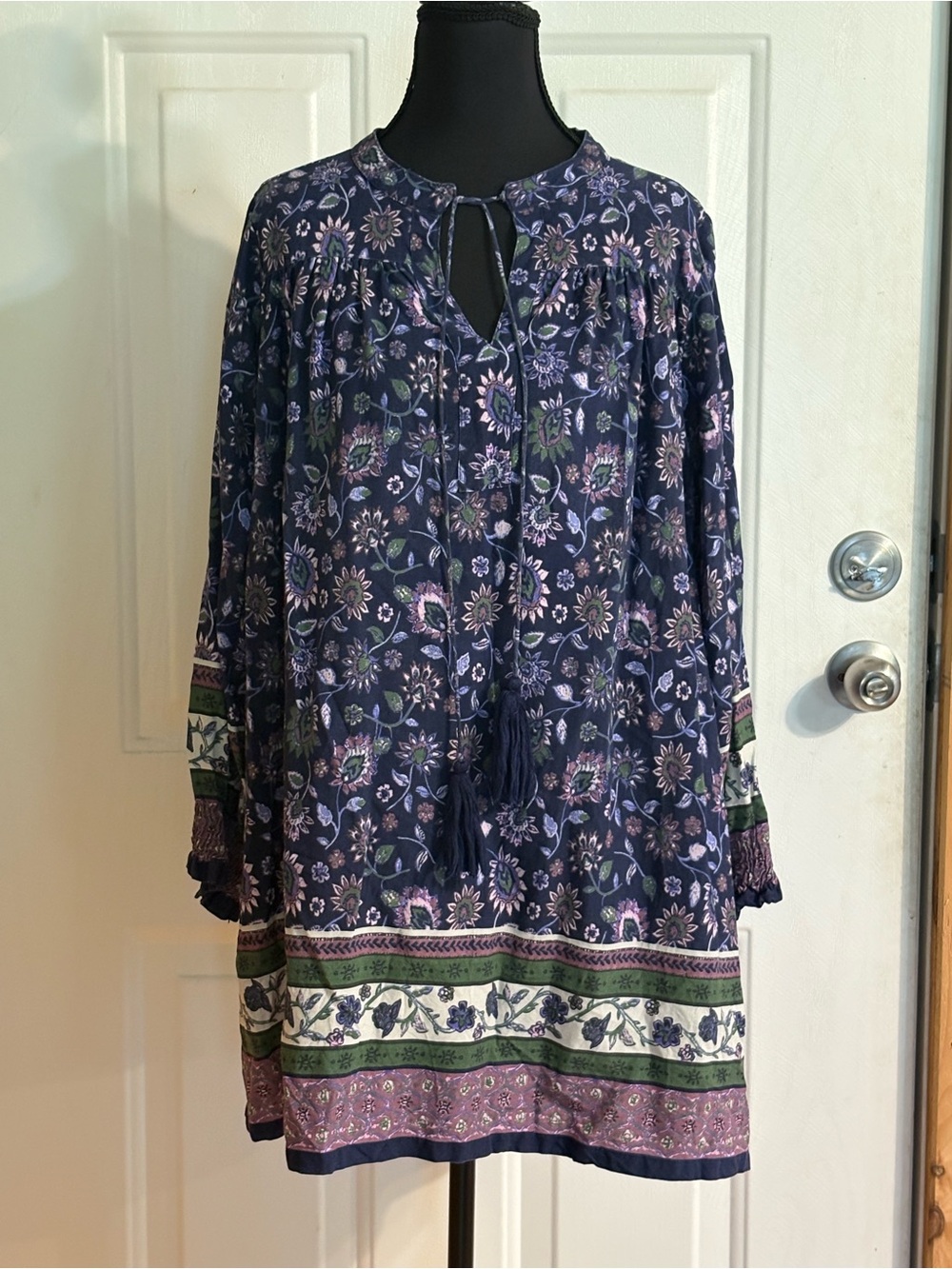NATURAL LIFE Navy Floral Boho Tie-Neck Long Sleeve Tunic Dress size Small